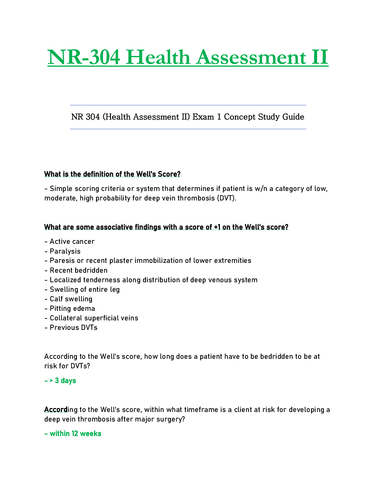 Preview of NR304 / NR-304 Exam 1 Concept Study Guide  : Health Assessment II - Chamberlain
